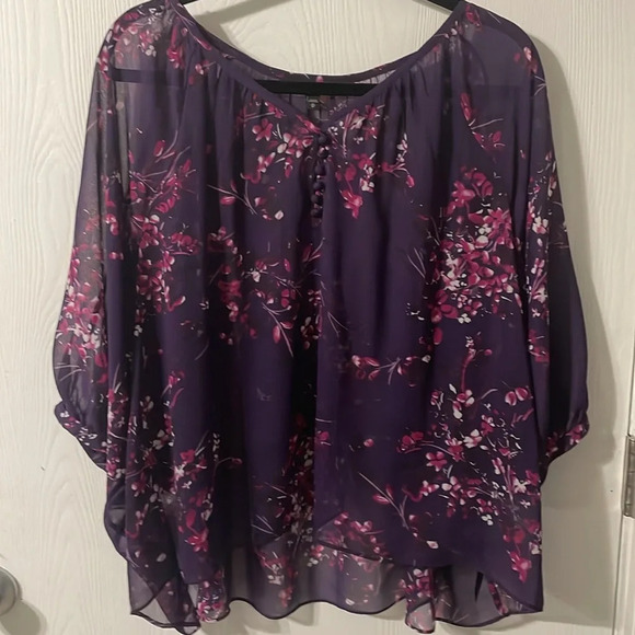 Express semi sheer purple floral print dolman sleeve top oversized medium - Picture 1 of 6